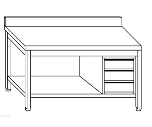 TL5355 mesa de trabajo en AISI 304, plataforma de acero inoxidable pared posterior izquierda del cajón 70x70x85