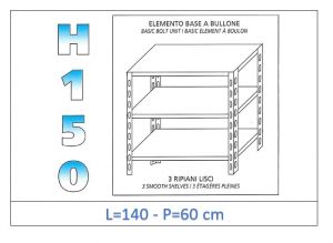 IN-B36914060B Estante con 3 estantes lisos fijación de pernos dim cm 140x60x150h