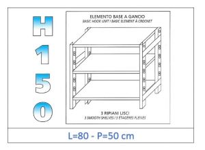 IN-G3698050B Shelf with 3 smooth shelves hook fixing dim cm 80x50x150h 