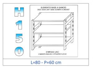 IN-G3698060B Shelf with 3 smooth shelves hook fixing dim cm 80x60x150h 