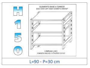 IN-G3699030B Shelf with 3 smooth shelves hook fixing dim cm 90x30x150h 