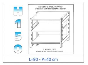 IN-G3699040B Shelf with 3 smooth shelves hook fixing dim cm 90x40x150h 