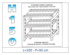 IN-G37010030B Shelf with 3 slotted shelves hook fixing dim cm 100x30x150h 