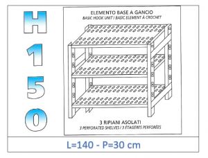 IN-G37014030B Shelf with 3 slotted shelves hook fixing dim cm 140 x30x150h 