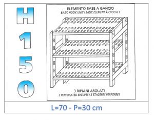 IN-G3707030B Shelf with 3 slotted shelves hook fixing dim cm 70x30x150h 