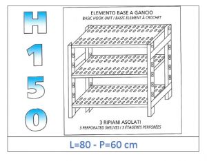 IN-G3708060B Shelf with 3 slotted shelves hook fixing dim cm 80x60x150h 