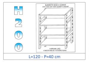 IN-G46912040B Shelf with 4 smooth shelves hook fixing dim cm 120x40x200h 