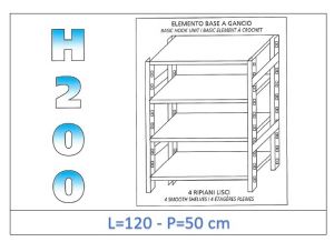 IN-G46912050B Estante con 4 estantes lisos fijación de gancho dim cm 120x50x200h