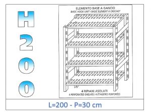 IN-G47020030B Estante con 4 estantes ranurados fijación de gancho dim cm 200x30x200h