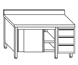 TA4127 Tavolo armadio in acciaio inox con porte su un lato, alzatina e cassettiera DX 220x70x85